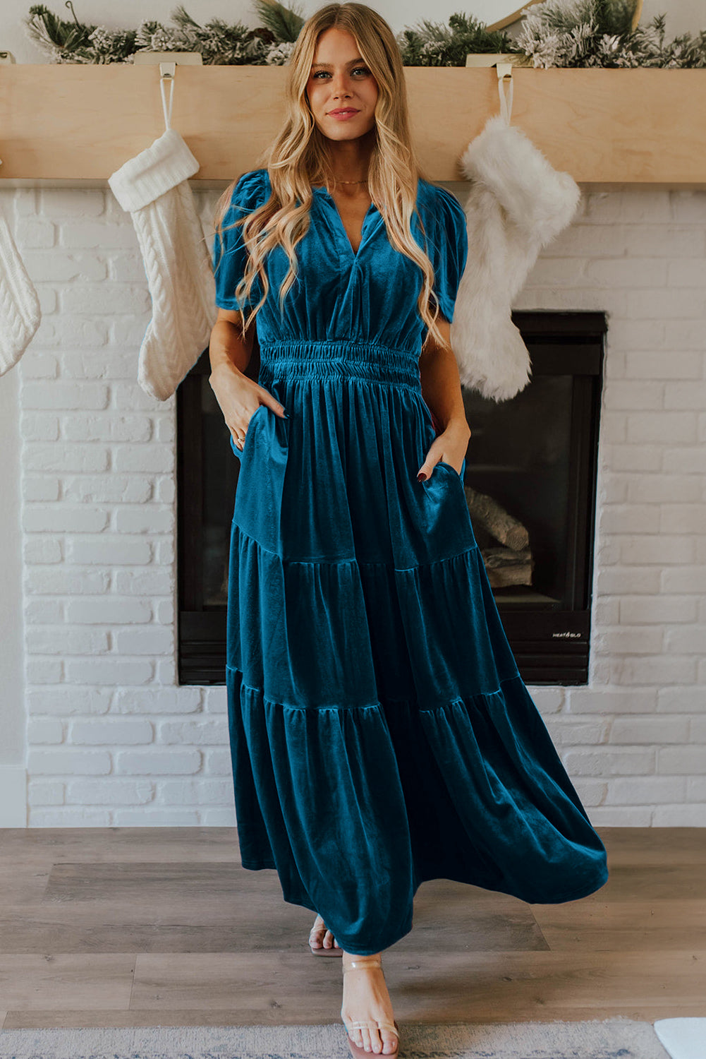 Prussian Blue Velvet Short Sleeve Shirred Waist Tiered Maxi Dress BB Fashion Outlet