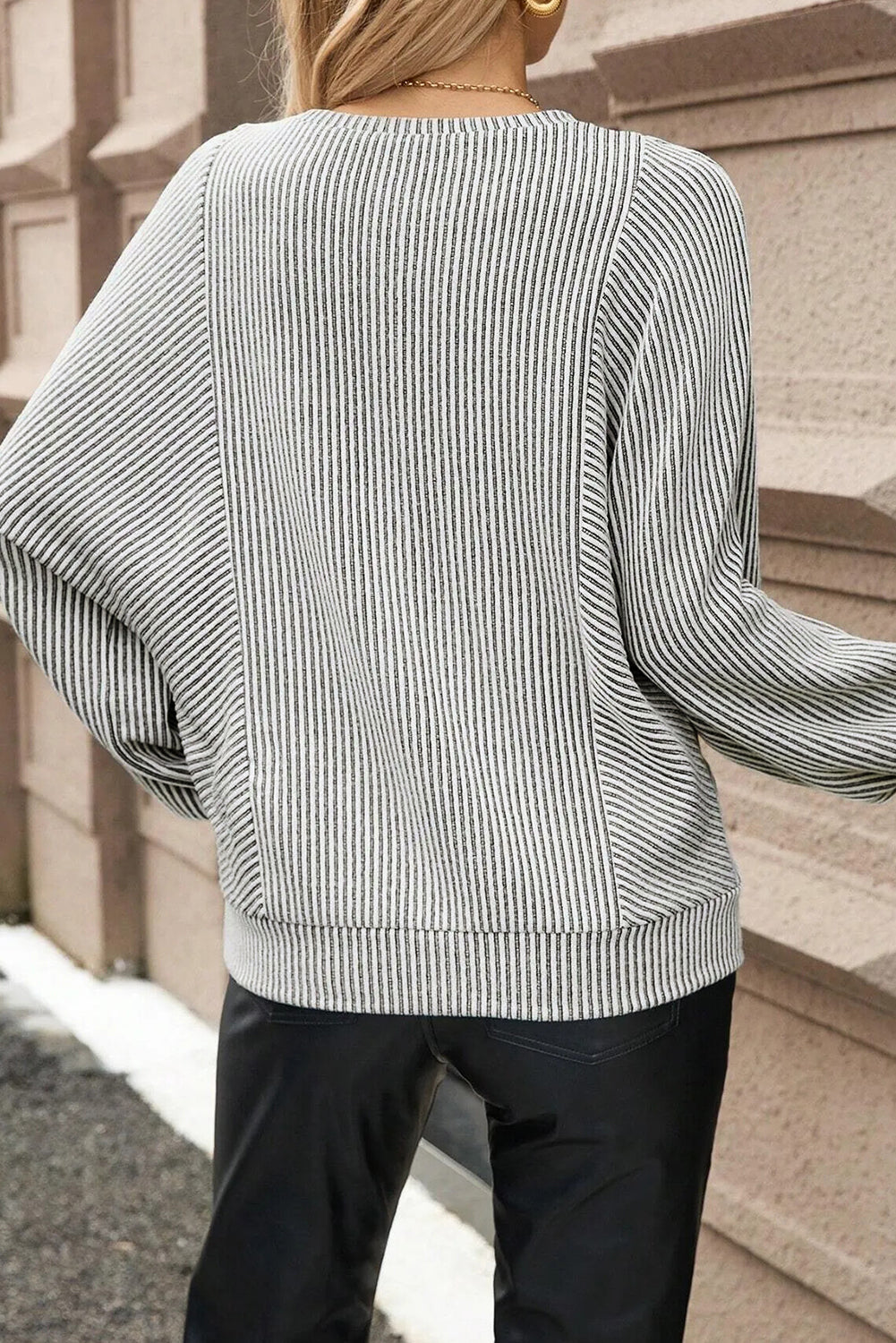 Grey Ribbed Round Neck Long Lantern Sleeve Top - eAura