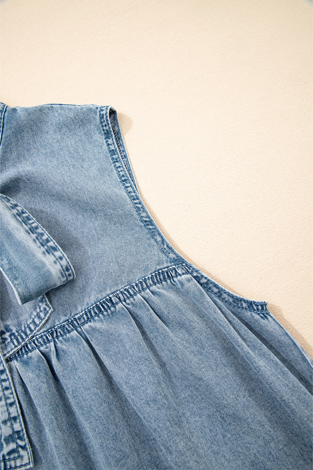 Bowknot Neck Sleeveless Ruffled Chambray Dress eAura