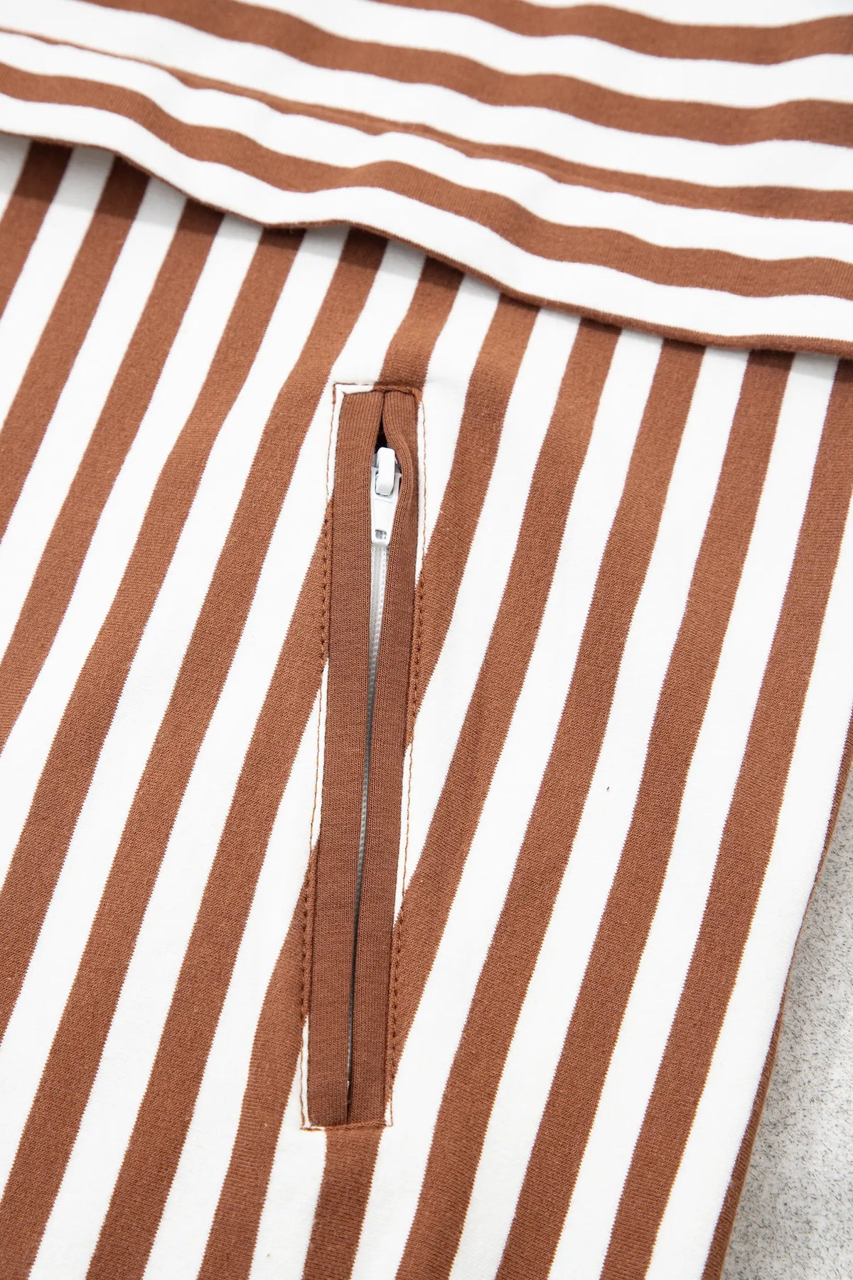 Colour Block Patchwork Quarter Zip Pullover Sporty Shorts Set – Brown Stripe