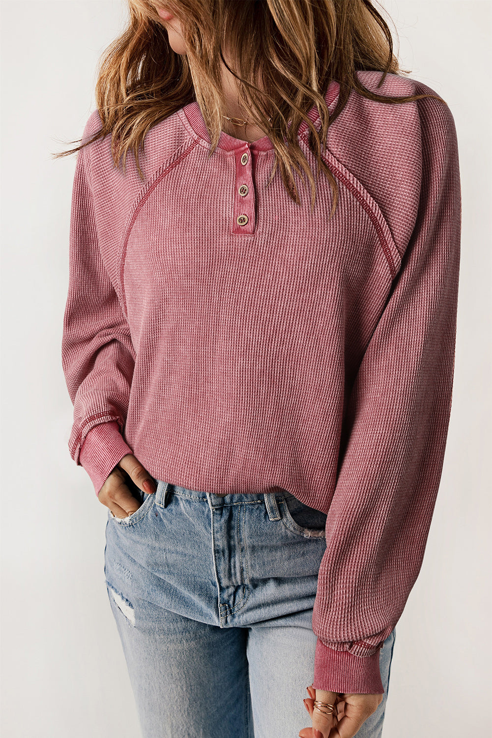 Fiery Red Waffle Knit Raglan Sleeve Henley Sweatshirt eAura