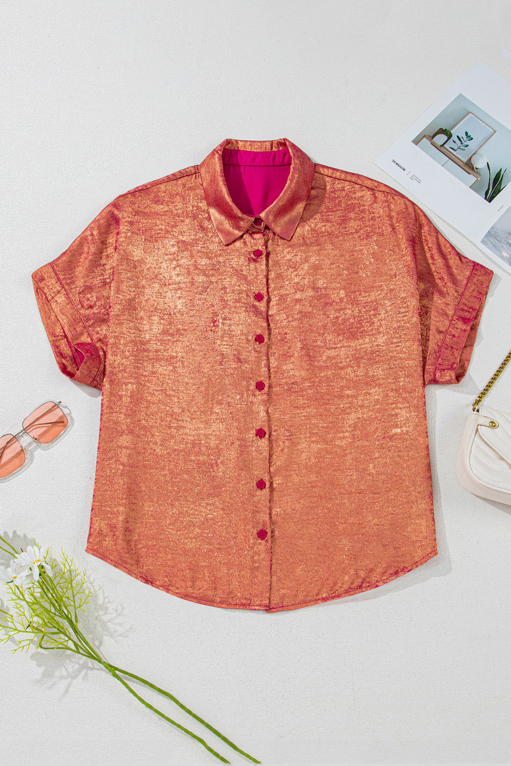 Rose Red Plus Size Metallic Sheen Short Sleeve Button Up Shirt BB Fashion Outlet