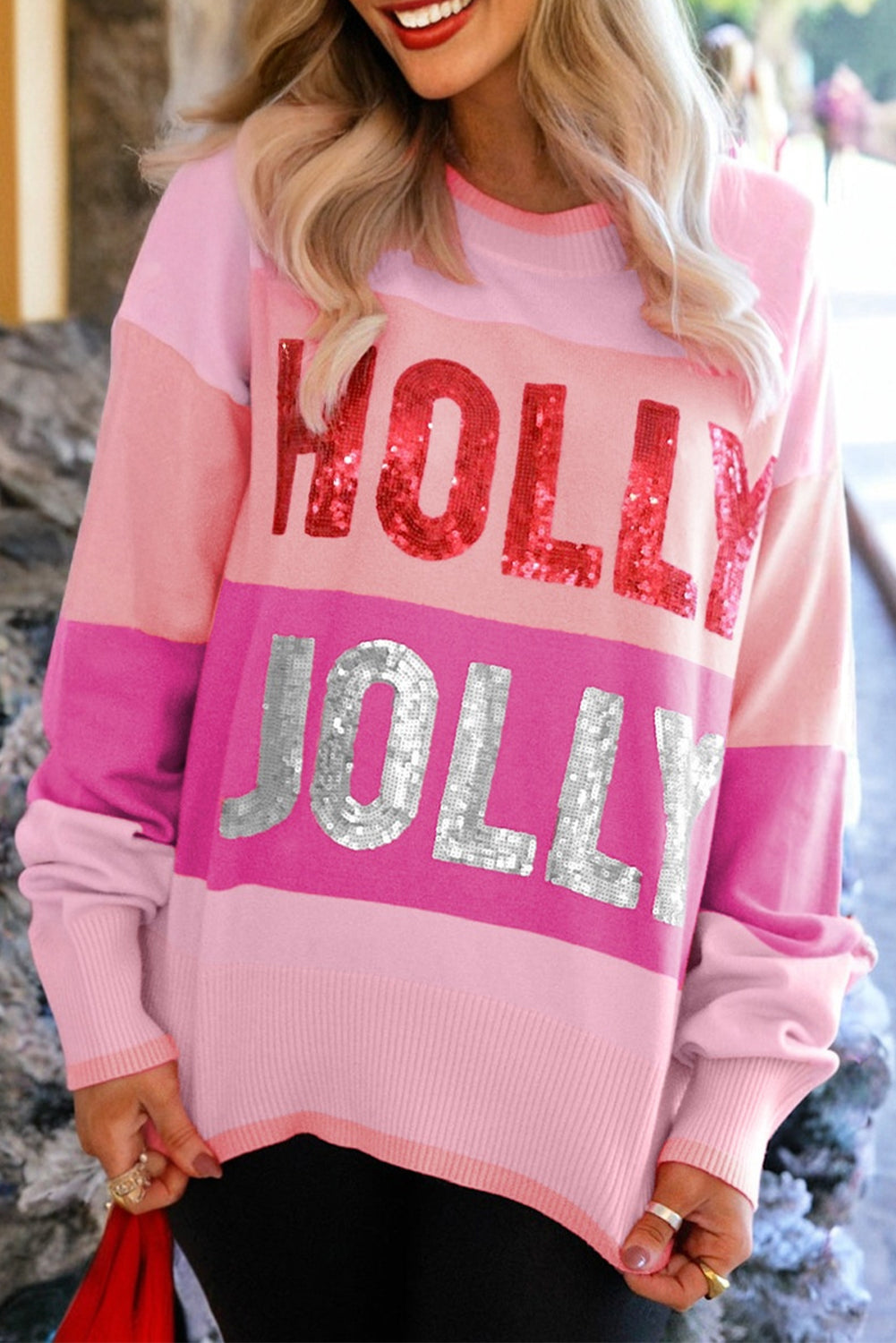 Pink Sequined HOLLY JOLLY Sweater - eAura