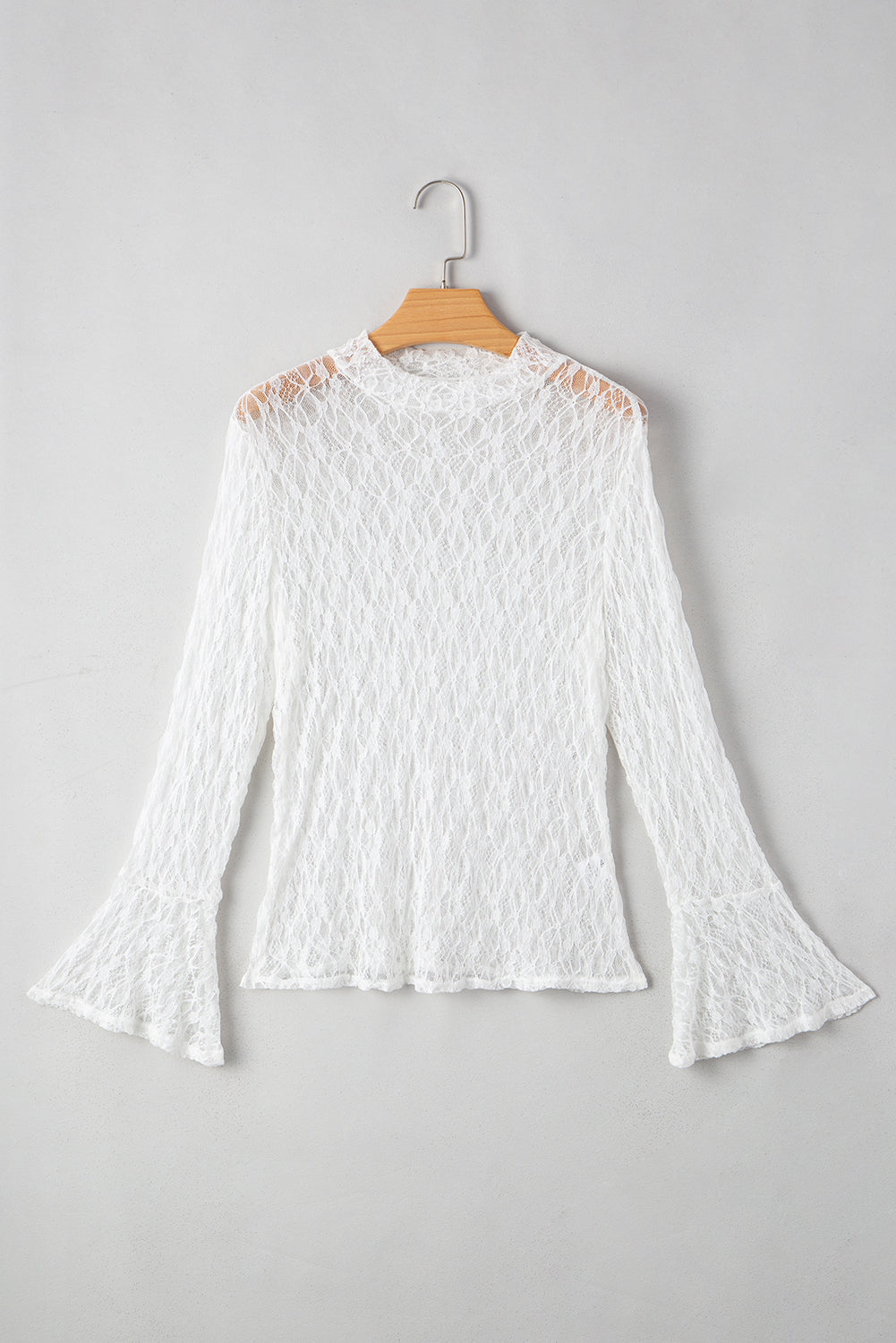 White Sheer Lace Bell Sleeve Mock Neck Blouse - eAura