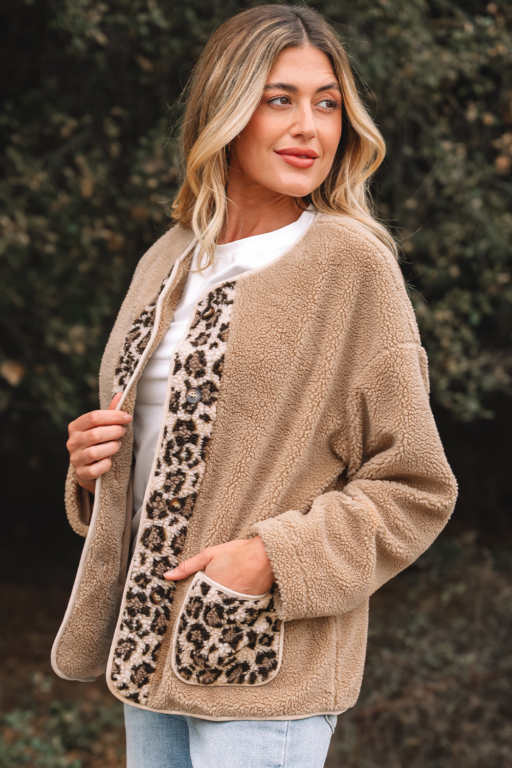 Casual Leopard Print Accent Plush Jacket with Pockets - eAura