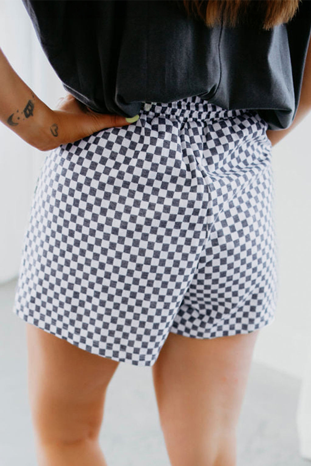 Grey Checkerboard Lace-Up High Waist Plus Size Casual Shorts - BB Fashion Outlet
