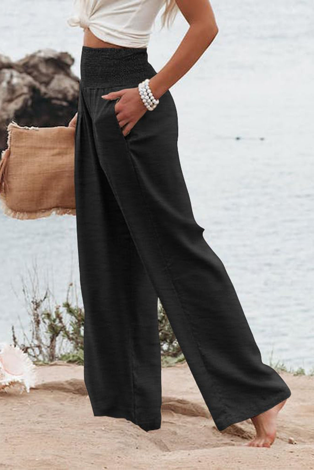 Black Shirred High Waist Plus Size Wide Leg Pants BB Fashion Outlet