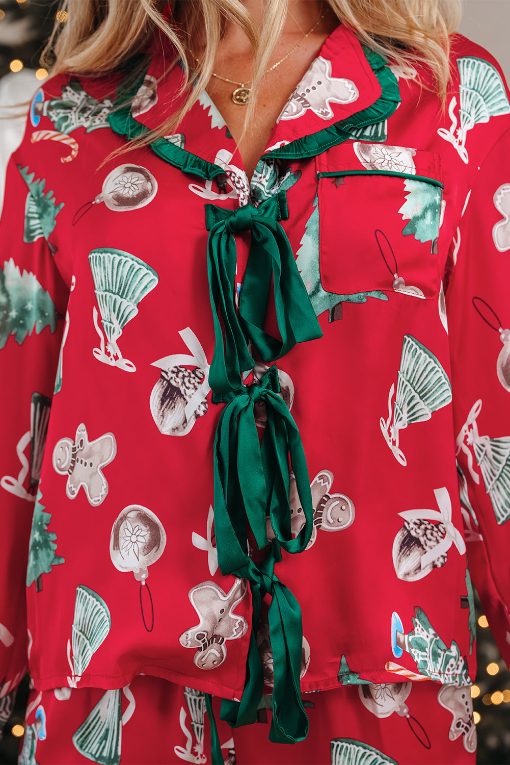 Red Christmas Contrast Ruffle Trim Ribbon Bow Knot Pyjamas - eAura