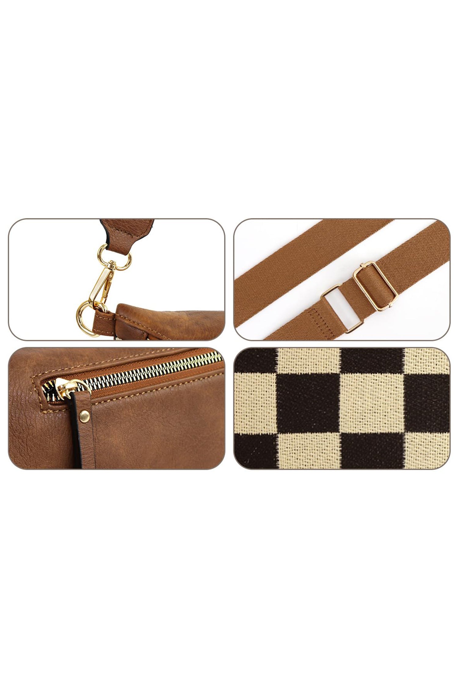 Coffee PU Leather Checkered Knit Patchwork Wallet Attached Shoulder Bag