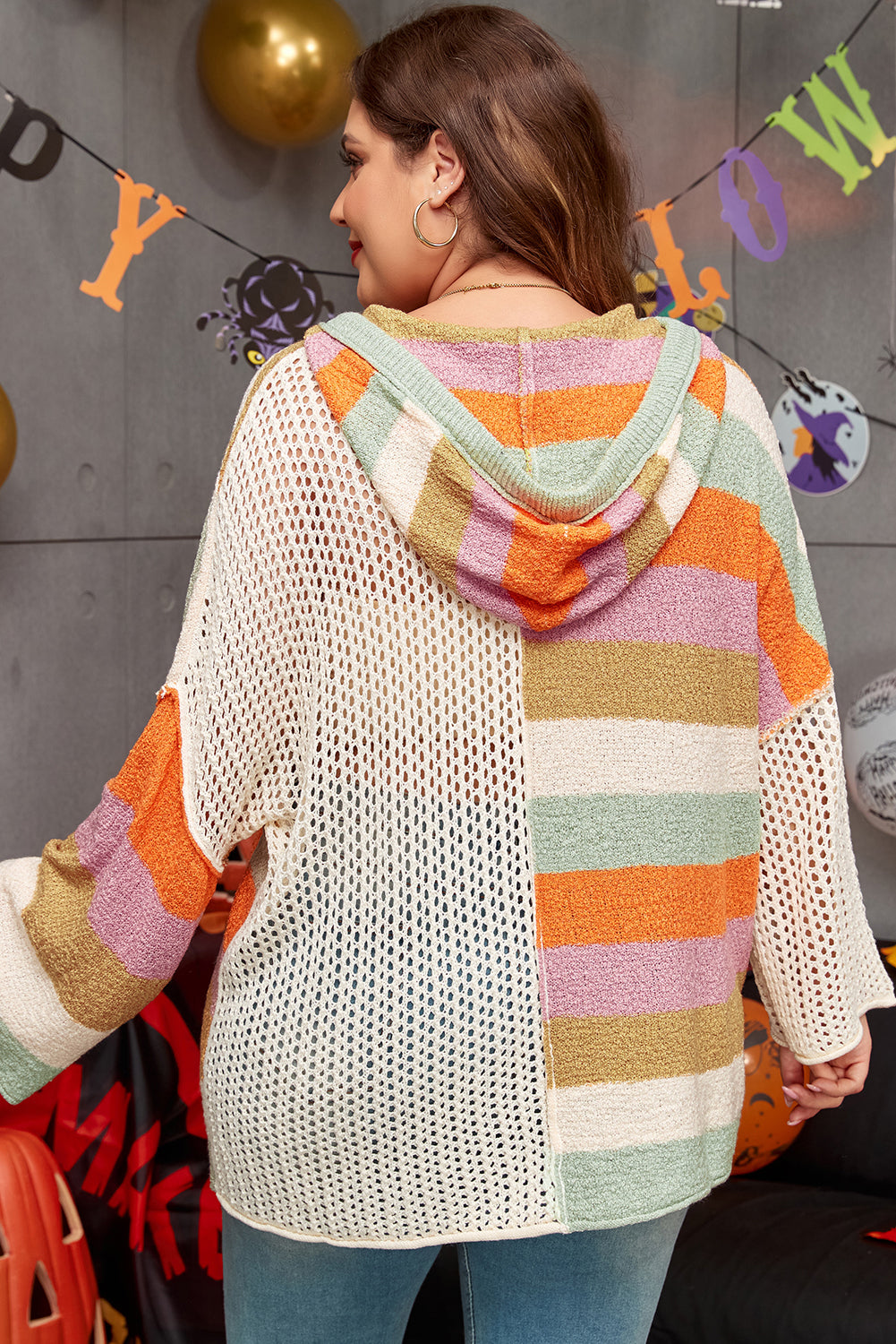 Beige Pointelle Knit Colorblock Patchwork V Neck Hooded Plus Sweater BB Fashion Outlet