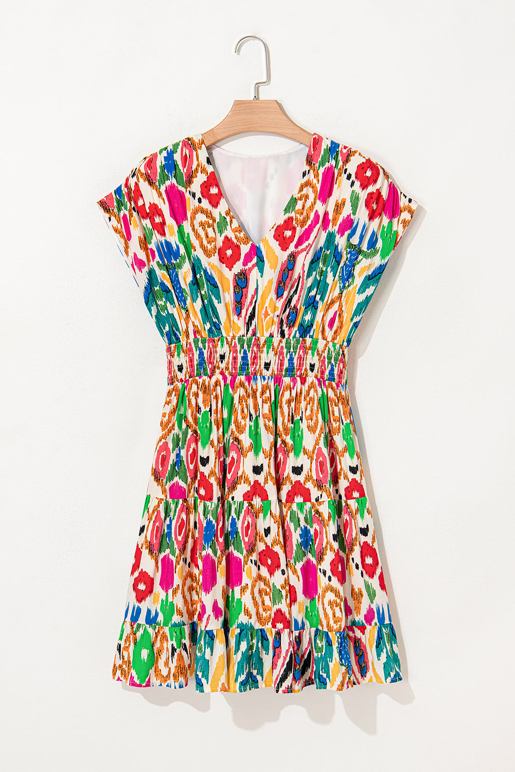 Abstract Print V-Neck Dolman Sleeve Ruffle Tiered Mini Dress