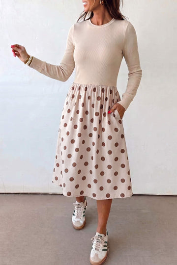 Polka Dot Midi Long Sleeve Dress – Beige