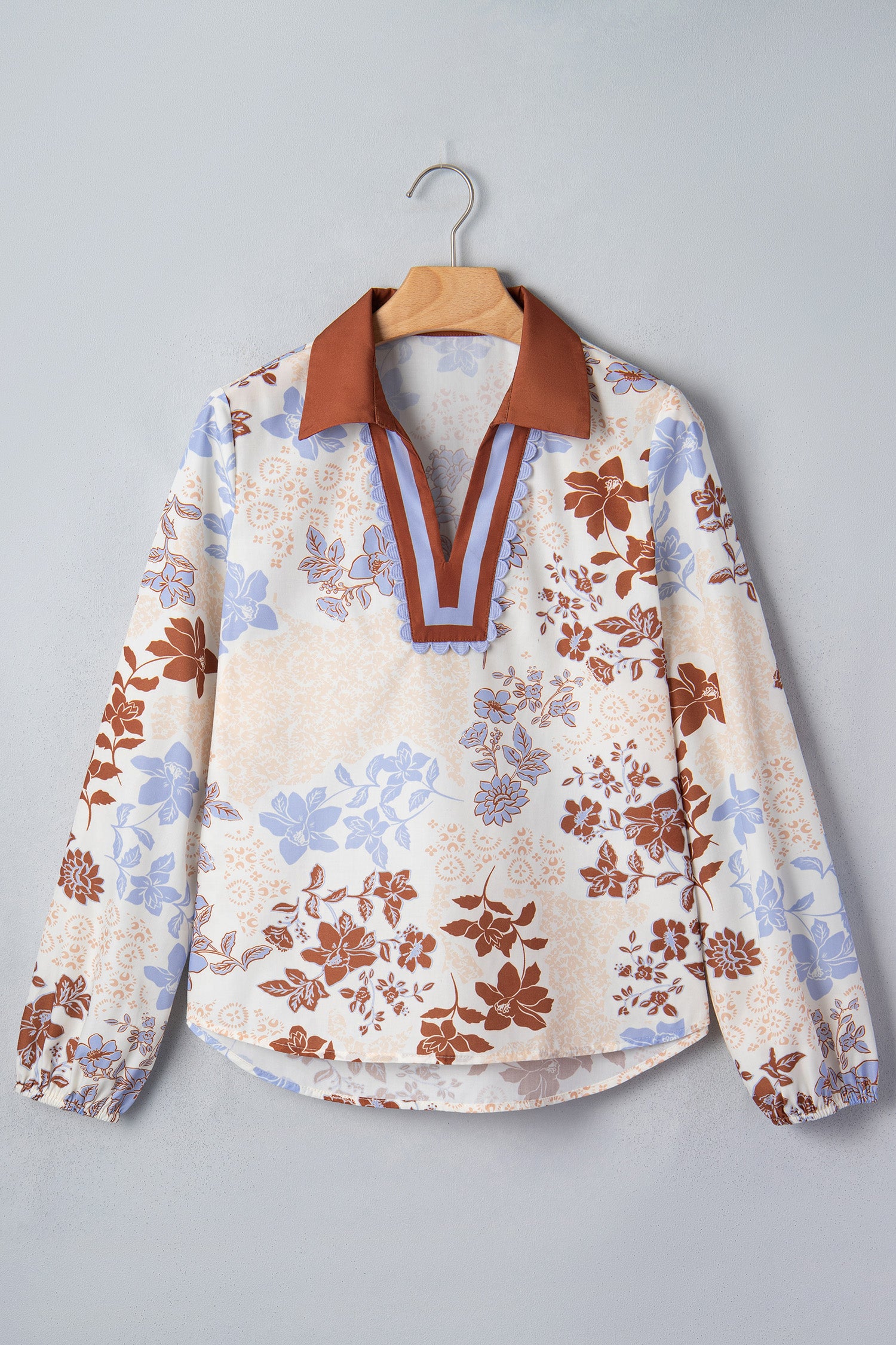 Floral Print Colorblock V Neck Long Sleeve Blouse – White