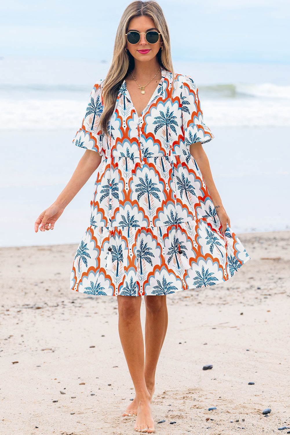 Palm Tree Printed Short Sleeve Flowy Dress - eAura