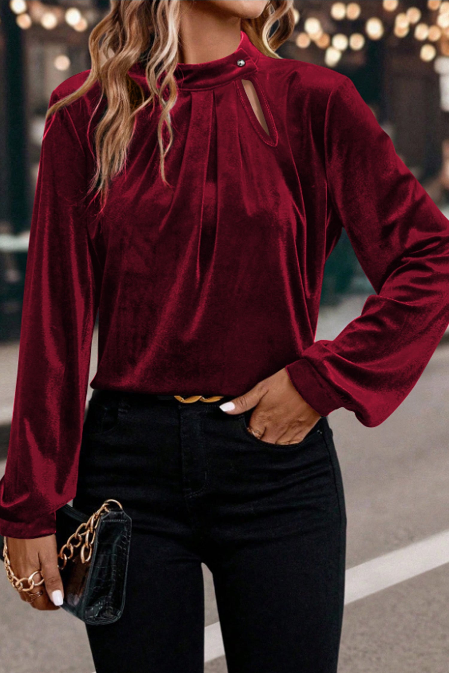 Asymmetric Button Keyhole Neck Long Sleeve Velvet Blouse - eAura