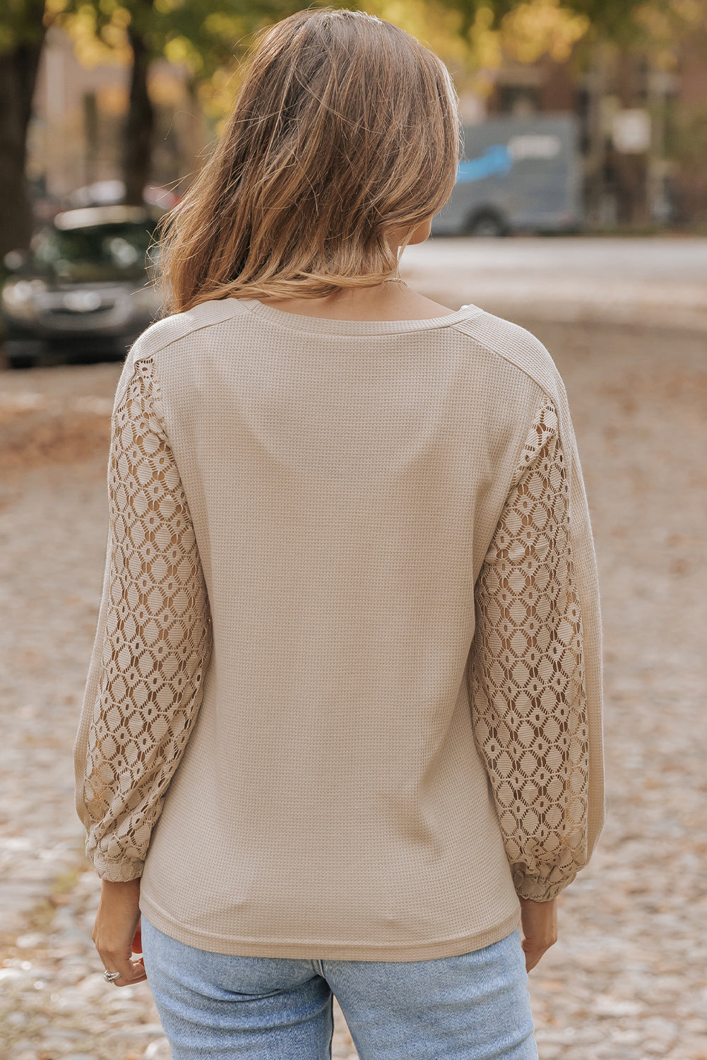 Light French Beige Lace Patch Sleeve Waffle Knit Top eAura
