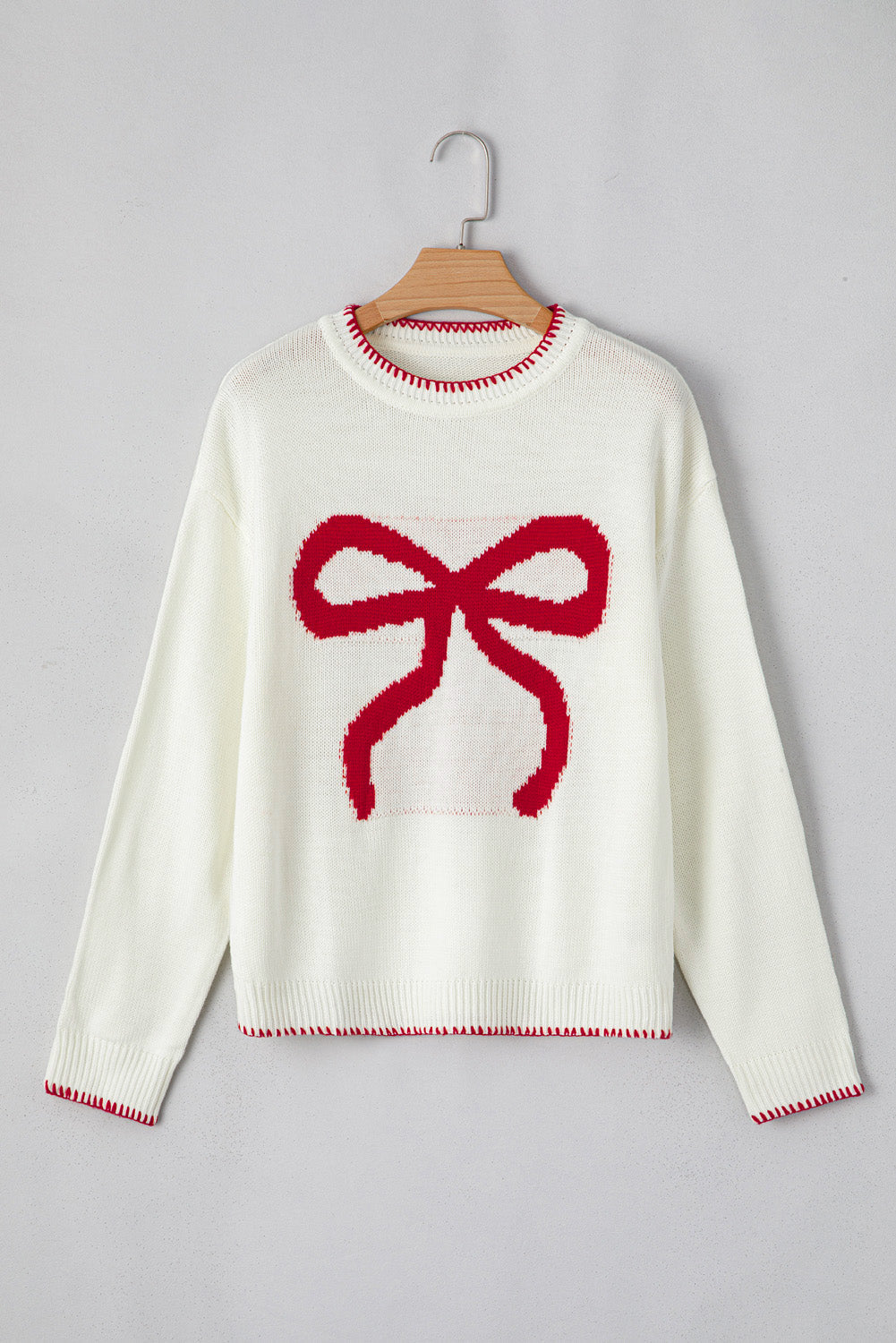 White Bow Pattern Contrast Trim Christmas Loose Graphic Sweater - eAura