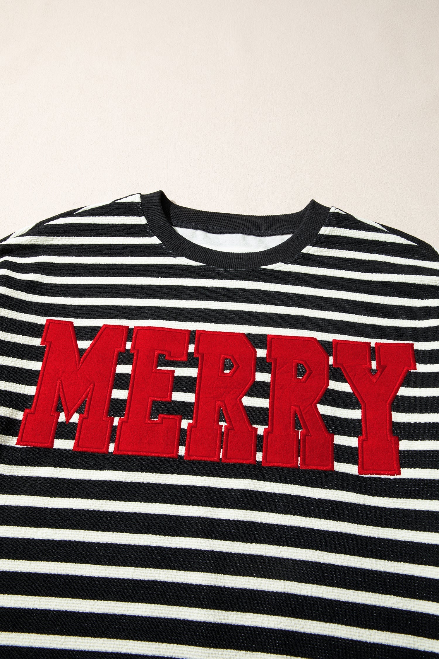 Black Stripe Contrast MERRY Letter Christmas Print Drop Shoulder Sweatshirt - eAura