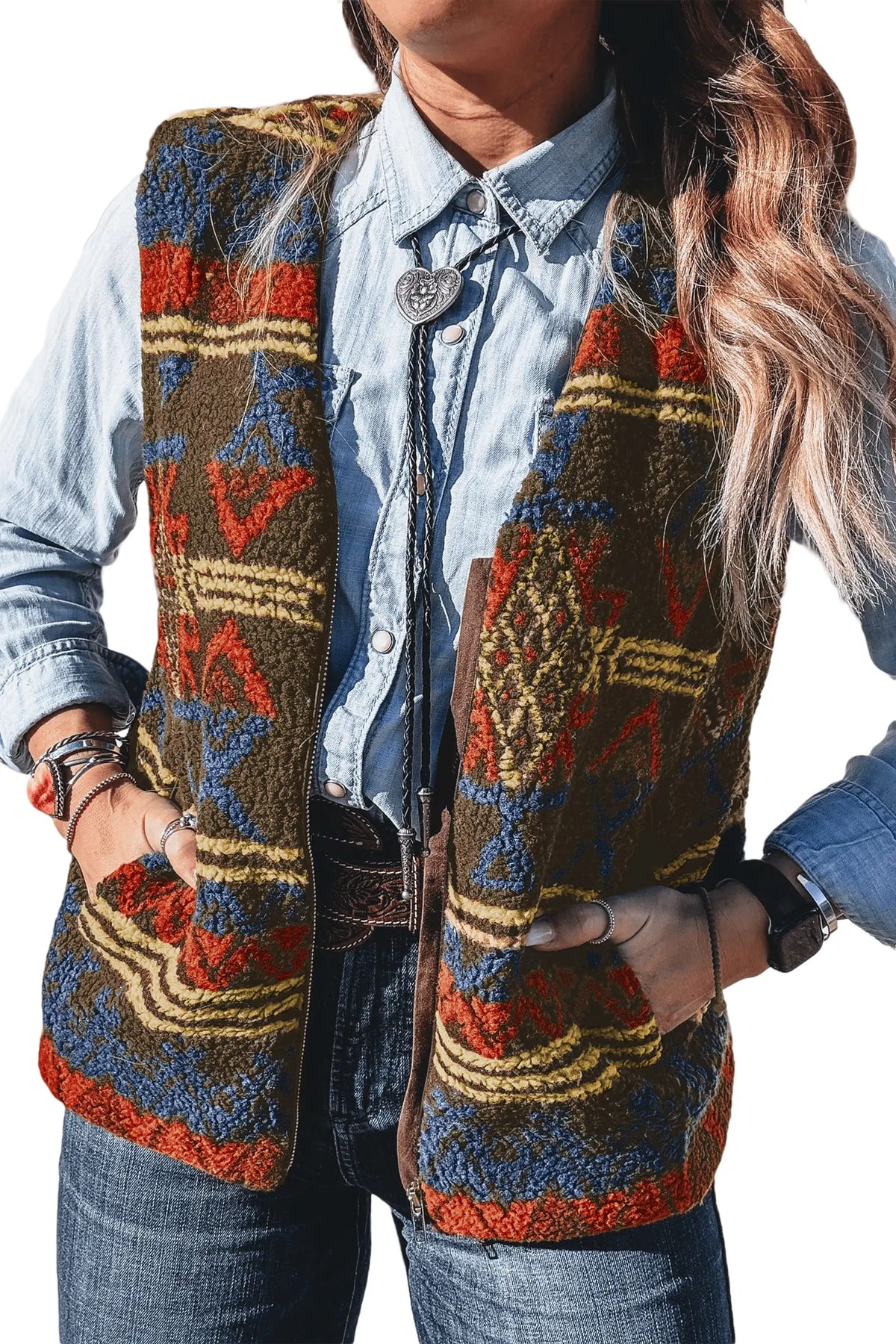 Western Print Faux Fur Metal Zipper Insert Pockets Sleeveless Vest – Multicolour