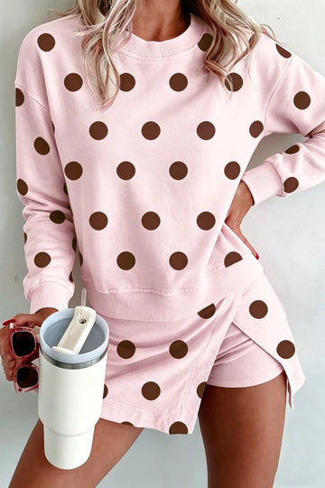 Polka Dot Two Piece Set Long Sleeve Casual Skirt Set – Pink