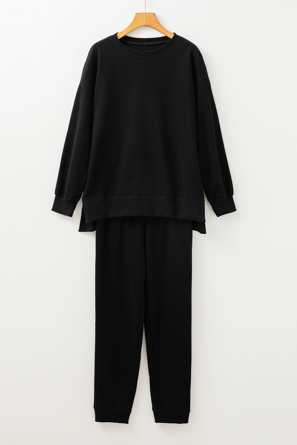 Black Solid Colour High Low Pullover and Skinny Trousers Set eAura