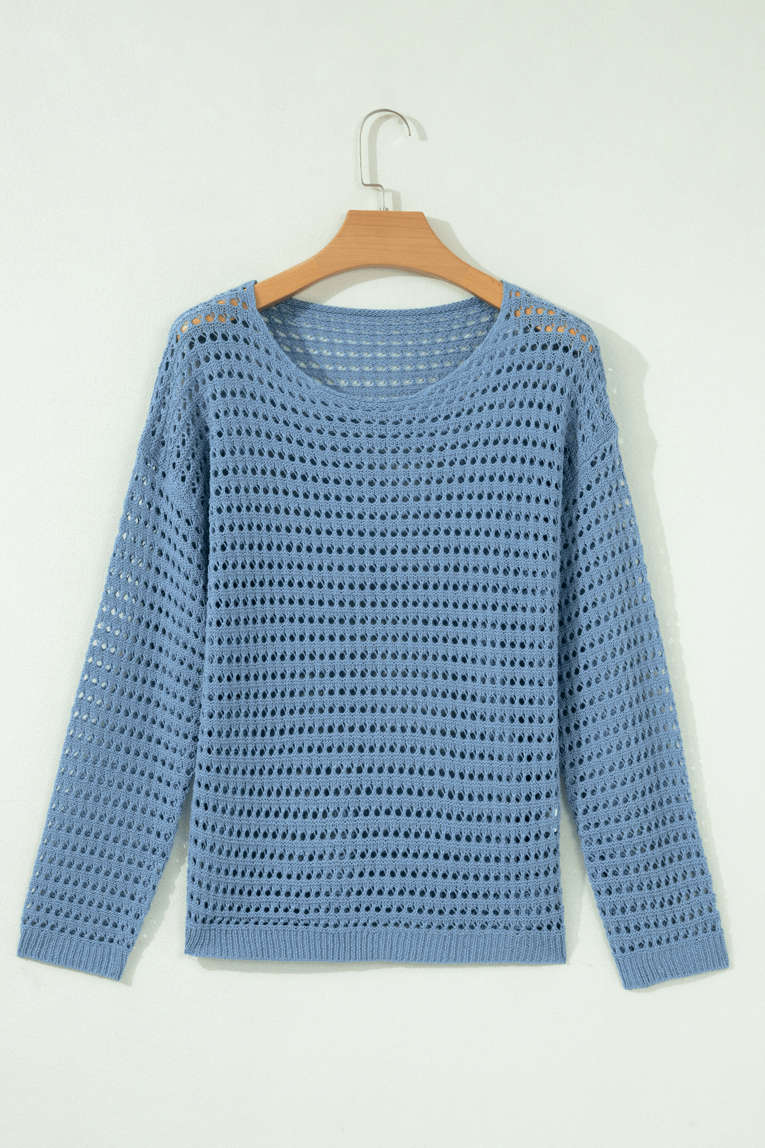 Myosotis Solid Color Hollow Out Knit Long Sleeve Crochet Sweater – Blue