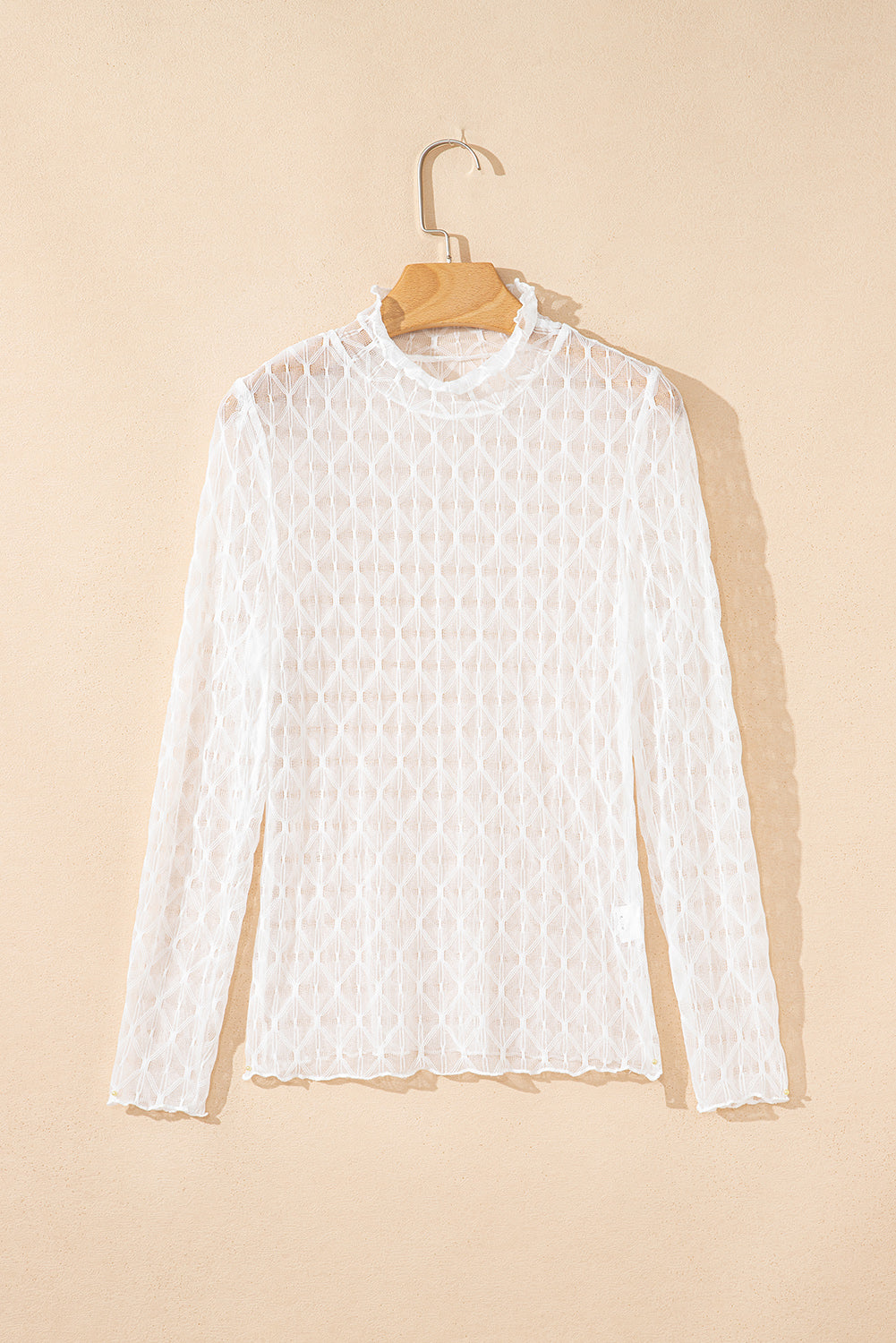 Sheer Mesh Patterned Lettuce Trim Slim Long Sleeve Top eAura