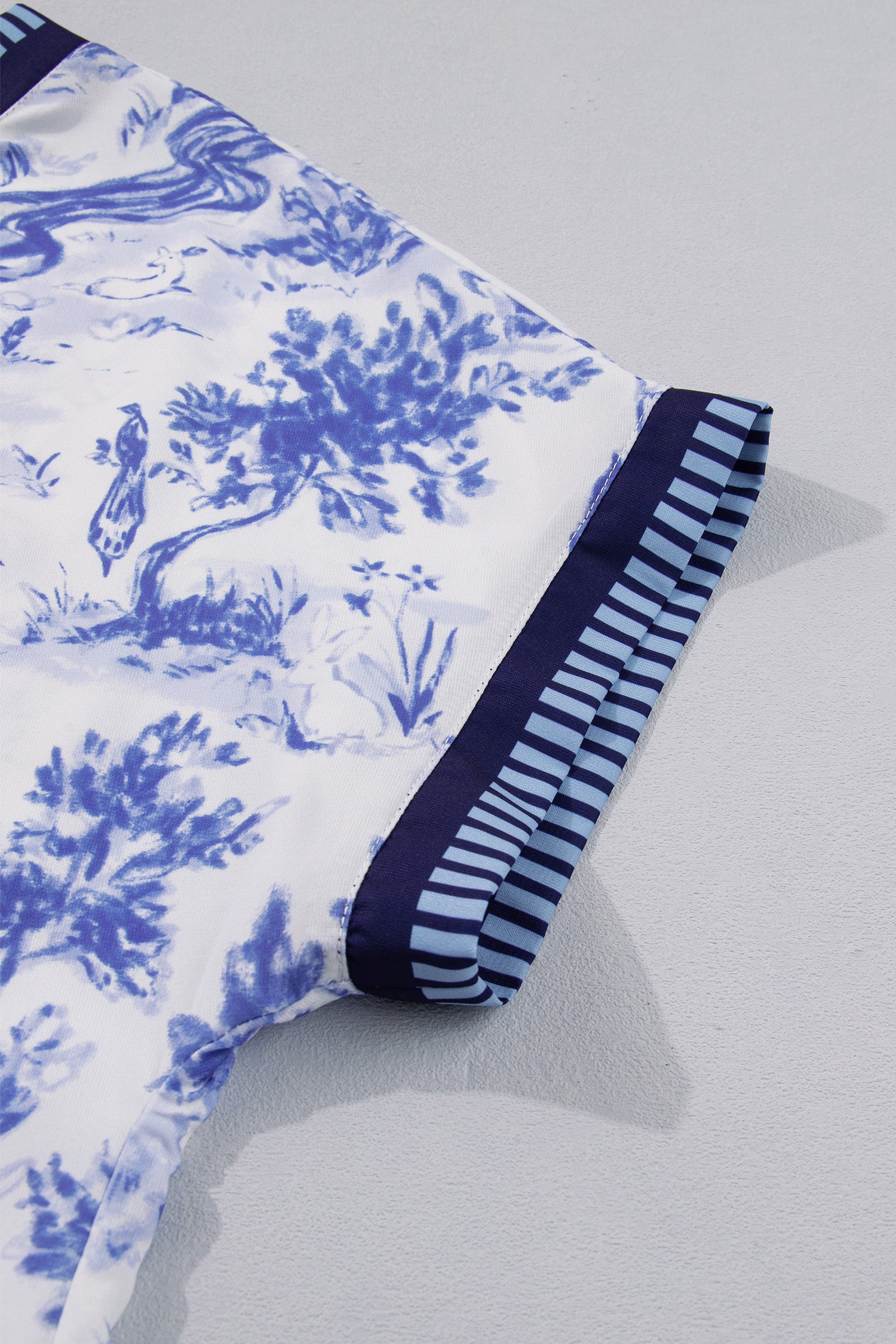 Wild Animal Paradise Striped Trim V Neck Short Sleeve Blouse – Blue