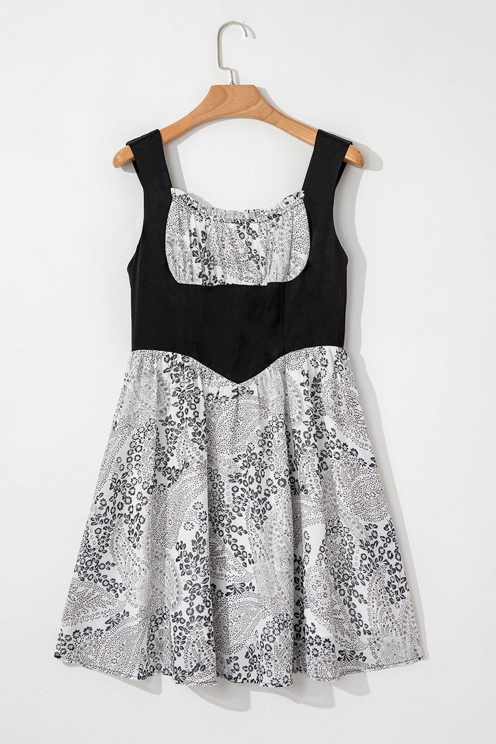 Black Sleeveless Leather Bustier Patchwork Paisley Floral Chiffon Dress eAura