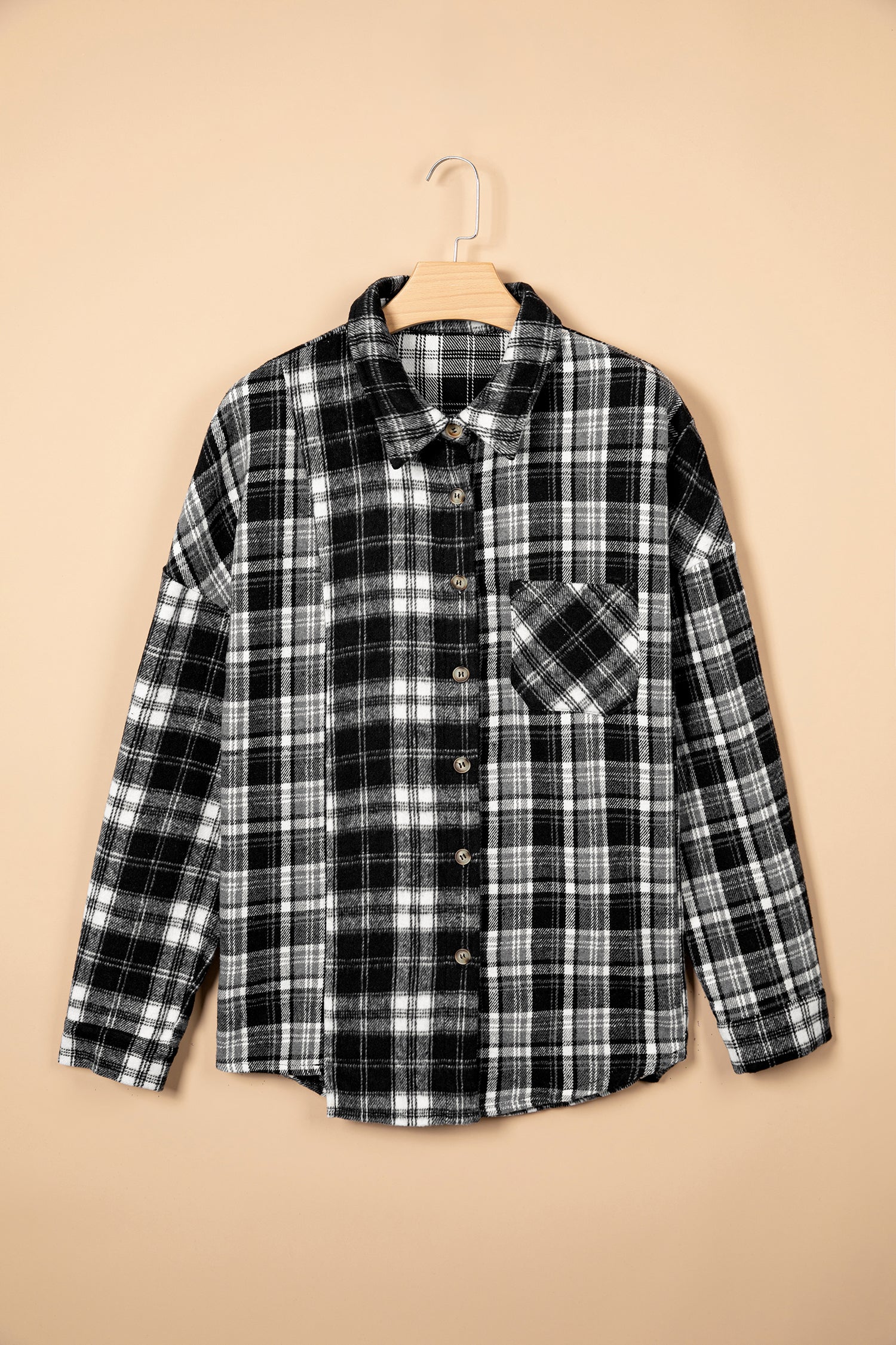 Plaid Long Sleeve V Neck Shift Plus Size Shirt Jacket – Black