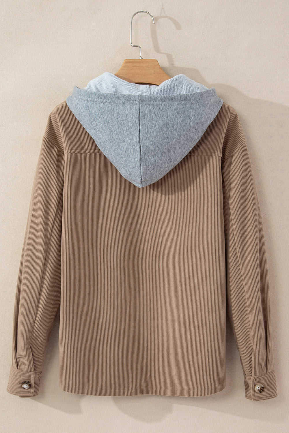 Pale Khaki Hooded Drawstring Pockets Corduroy Shacket eAura