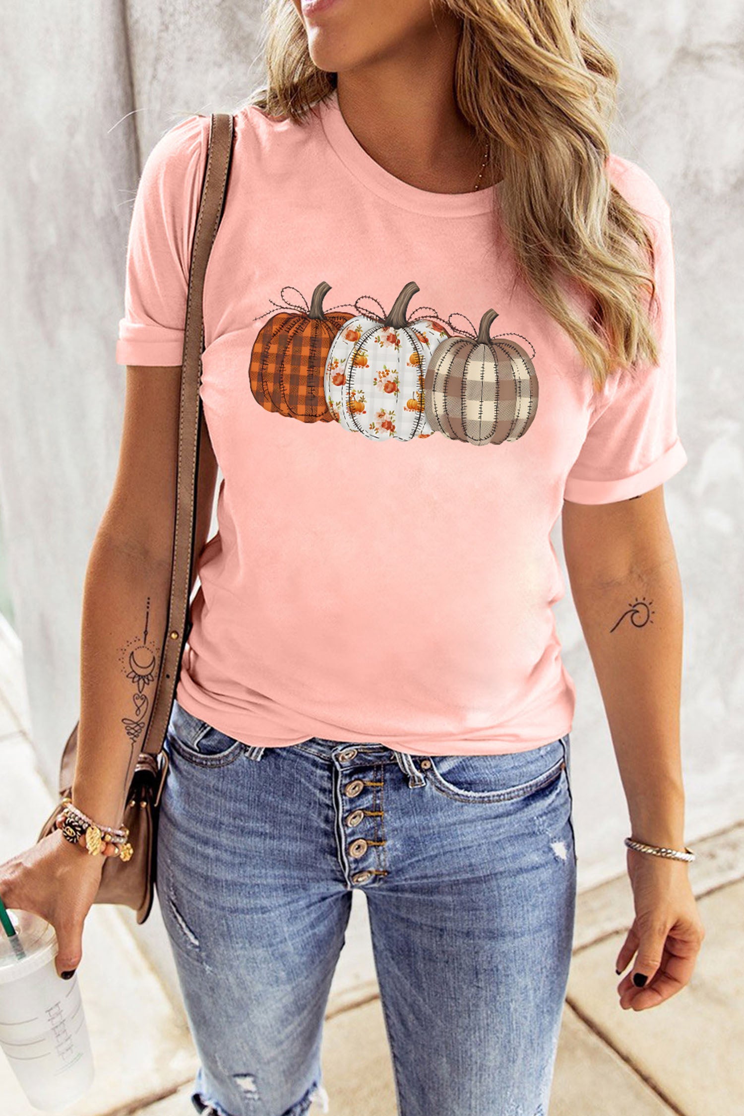 Mix Pattern Pumpkin Print Round Neck T Shirt – Pink