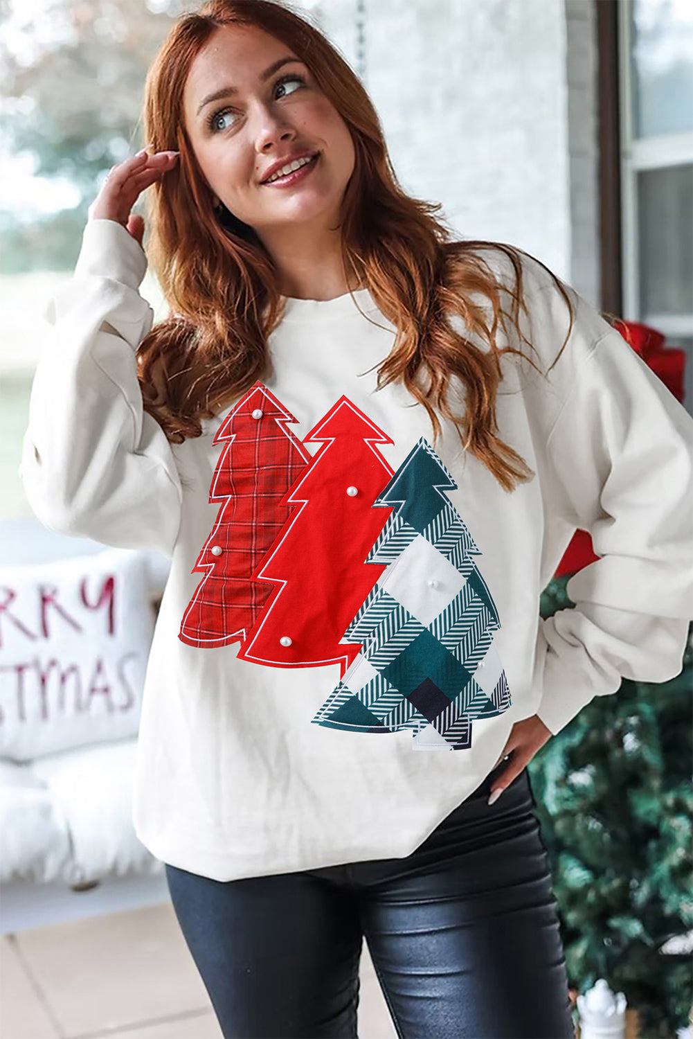 Pearl Plaid Christmas Tree Patched Drop Shoulder Sweatshirt - eAura