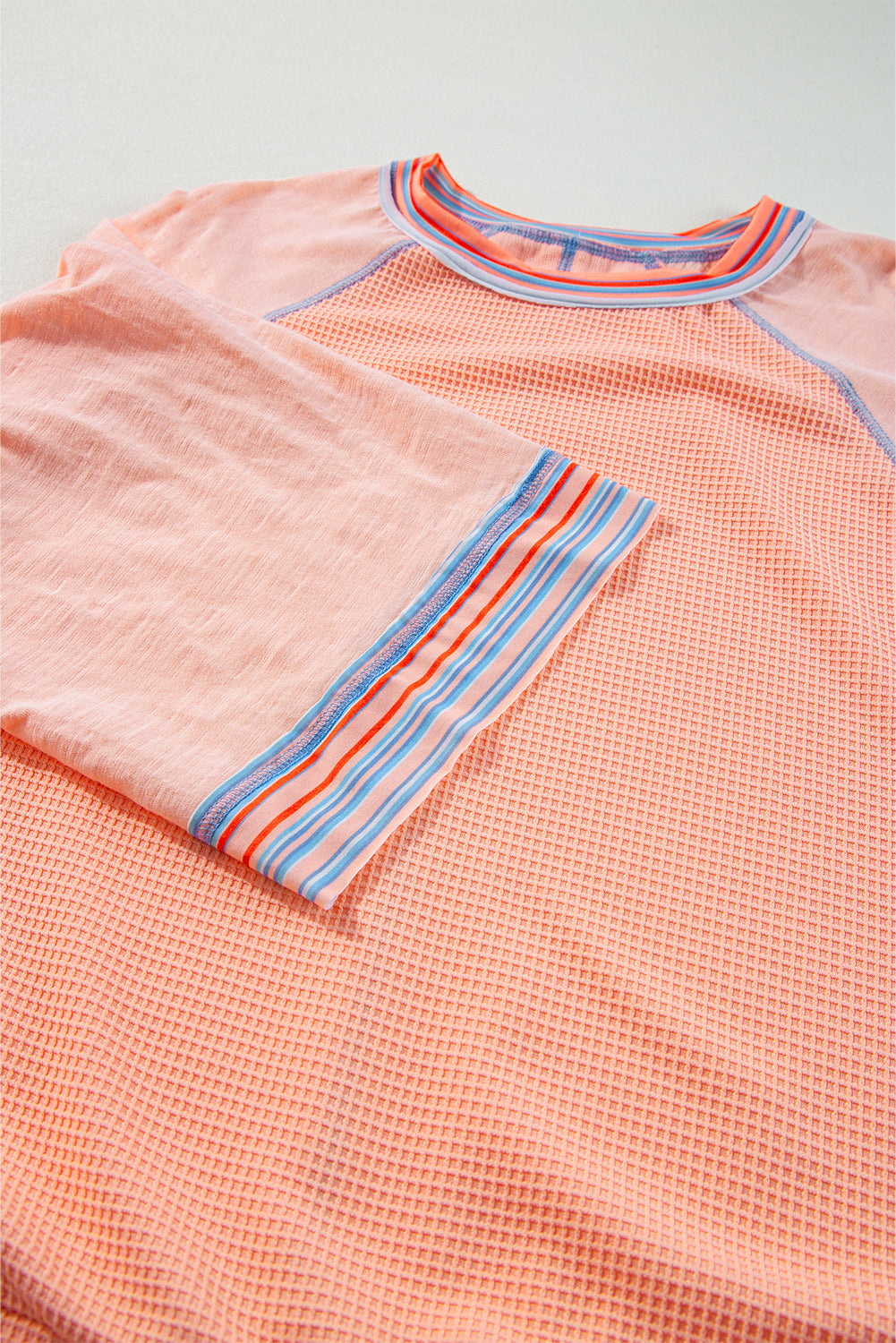 Grapefruit Orange Waffle Knit Wide Bracelet Sleeve Patchwork Raglan Top BB Fashion Outlet