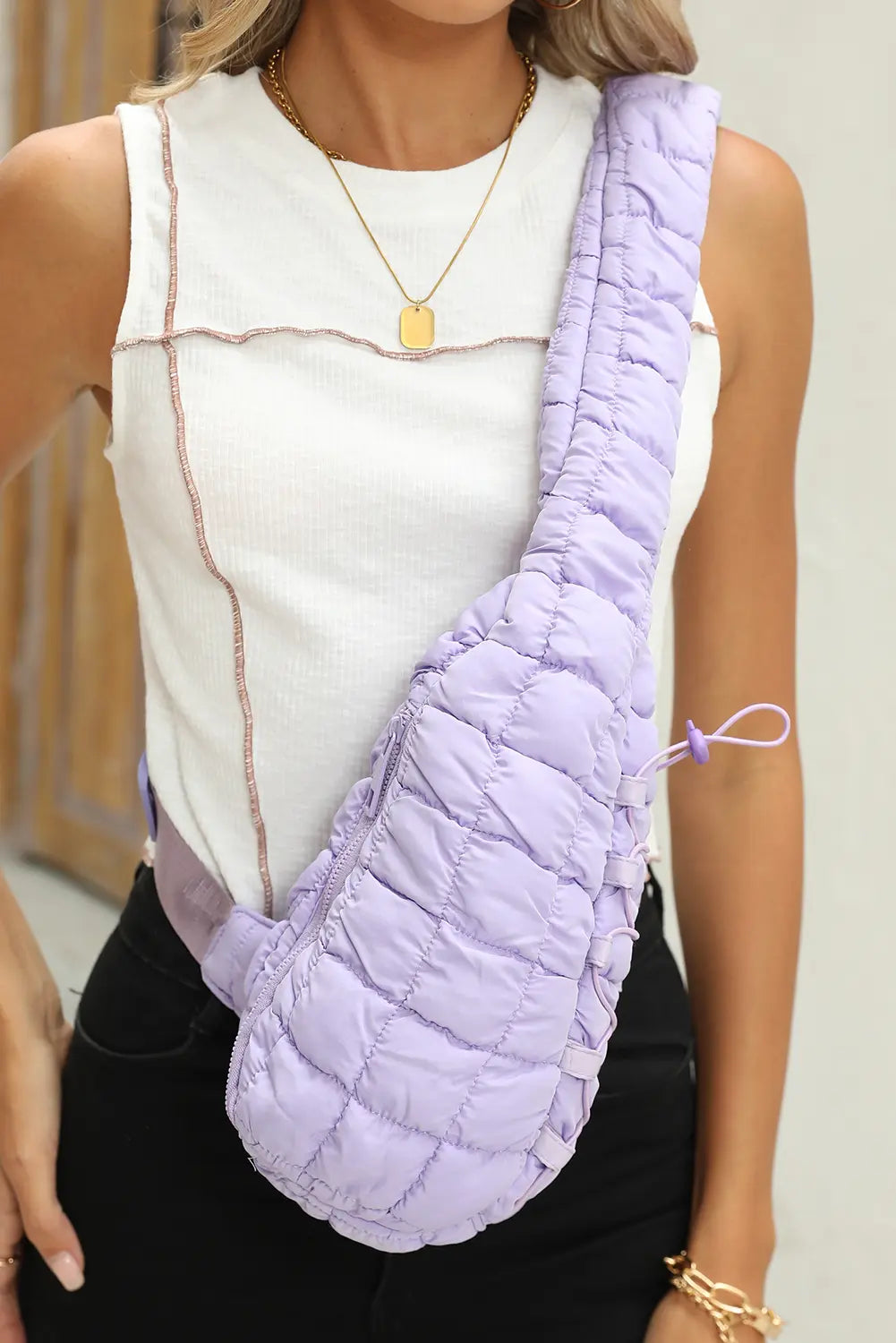 Black Marshmallow Quilted Drawstring Decor Sling Bag