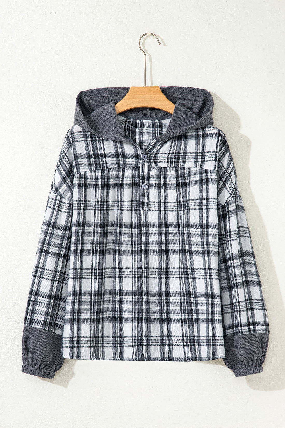 Plaid Long Sleeve Button Hoodie - eAura