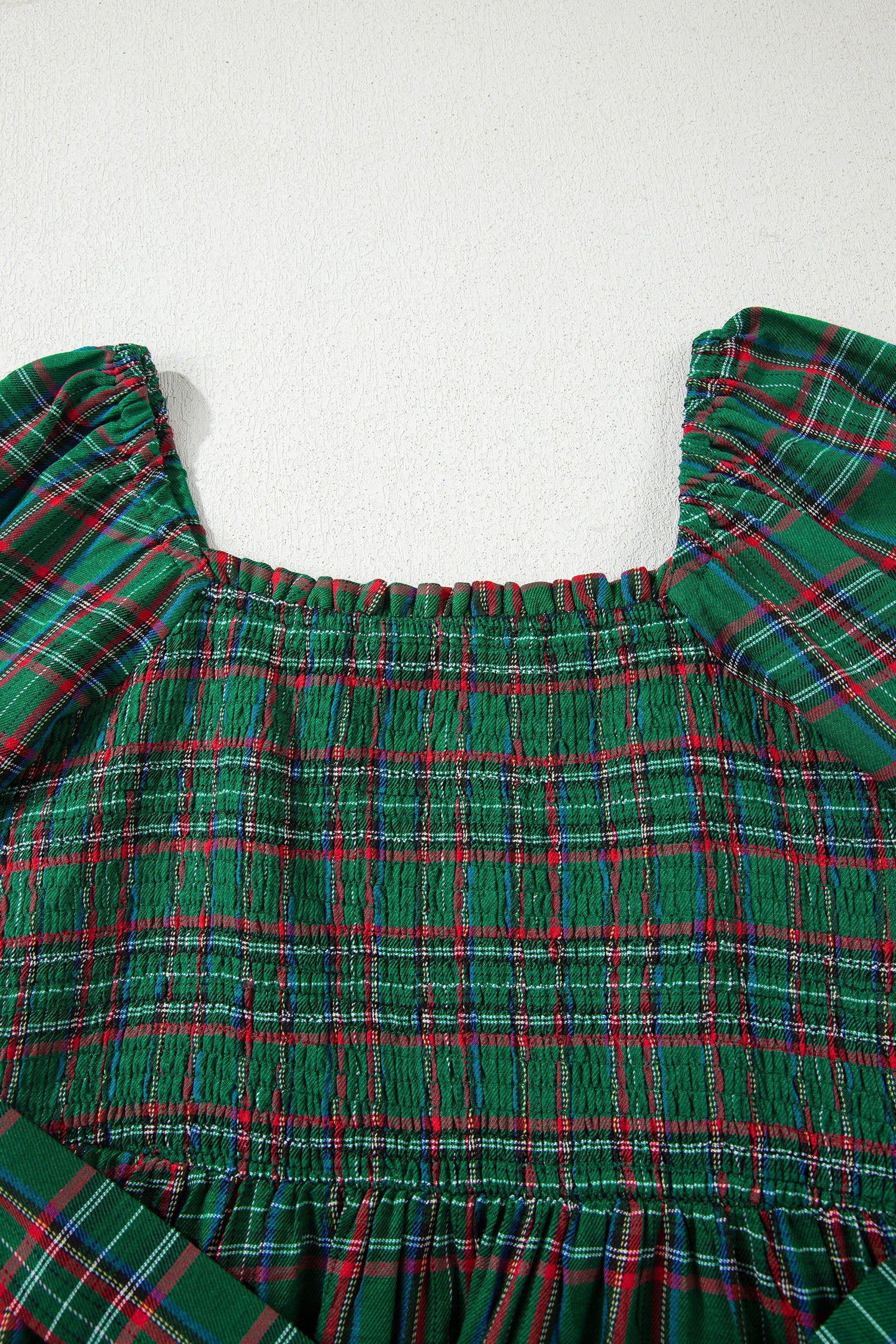 Tartan Plaid Square Neck Puff Sleeve Knot Waist Flared Midi Dress - eAura