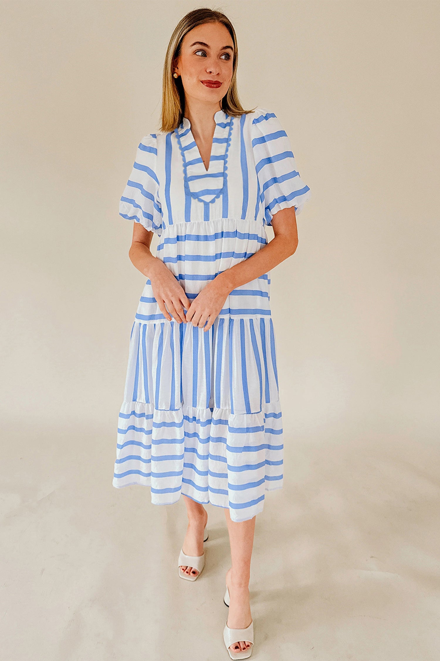 Stripe RicRac Trim Notched Neck Half Sleeve Long Dress