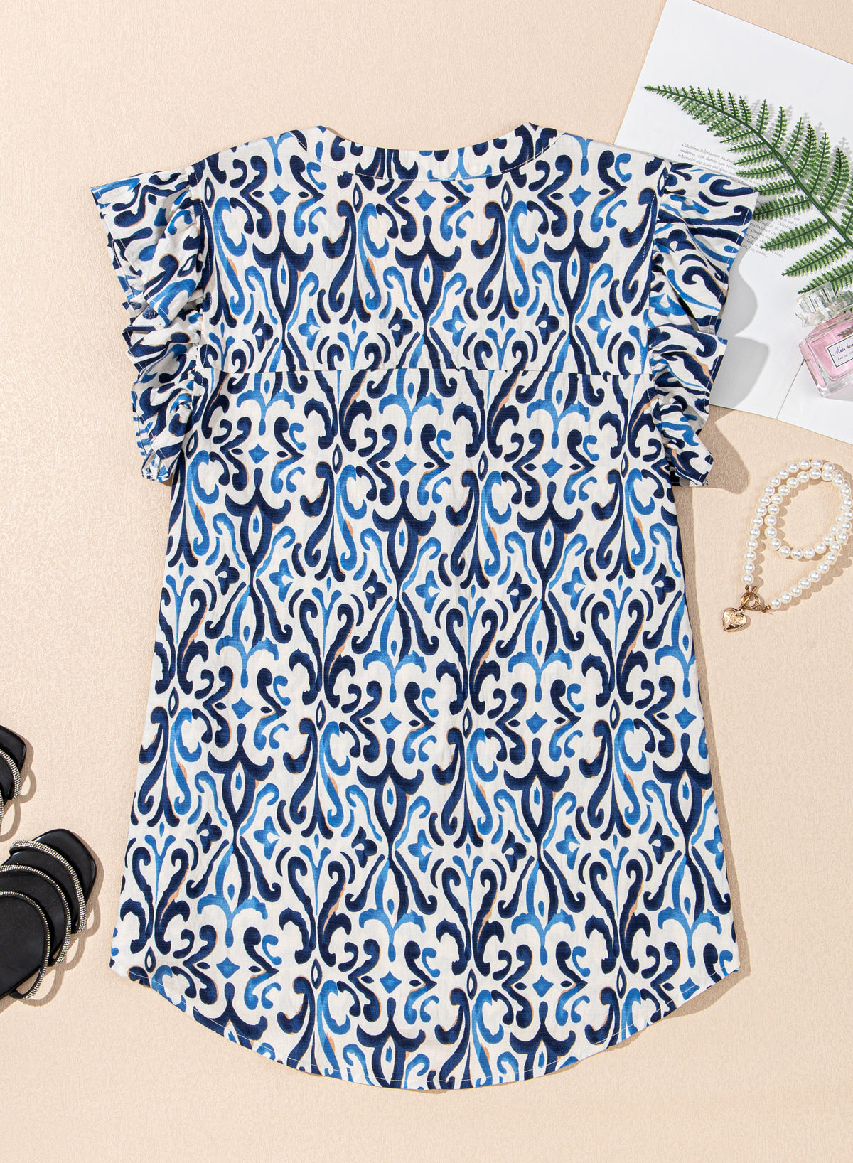 Sky Blue Boho Abstract Print Pintuck Detail Ruffled Top eAura