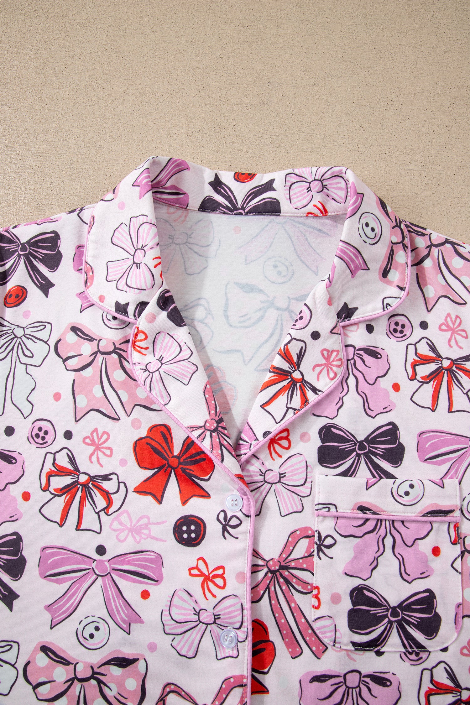 Cute Ribbon Bows Printed 2pcs Short Pajama Set – Pink
