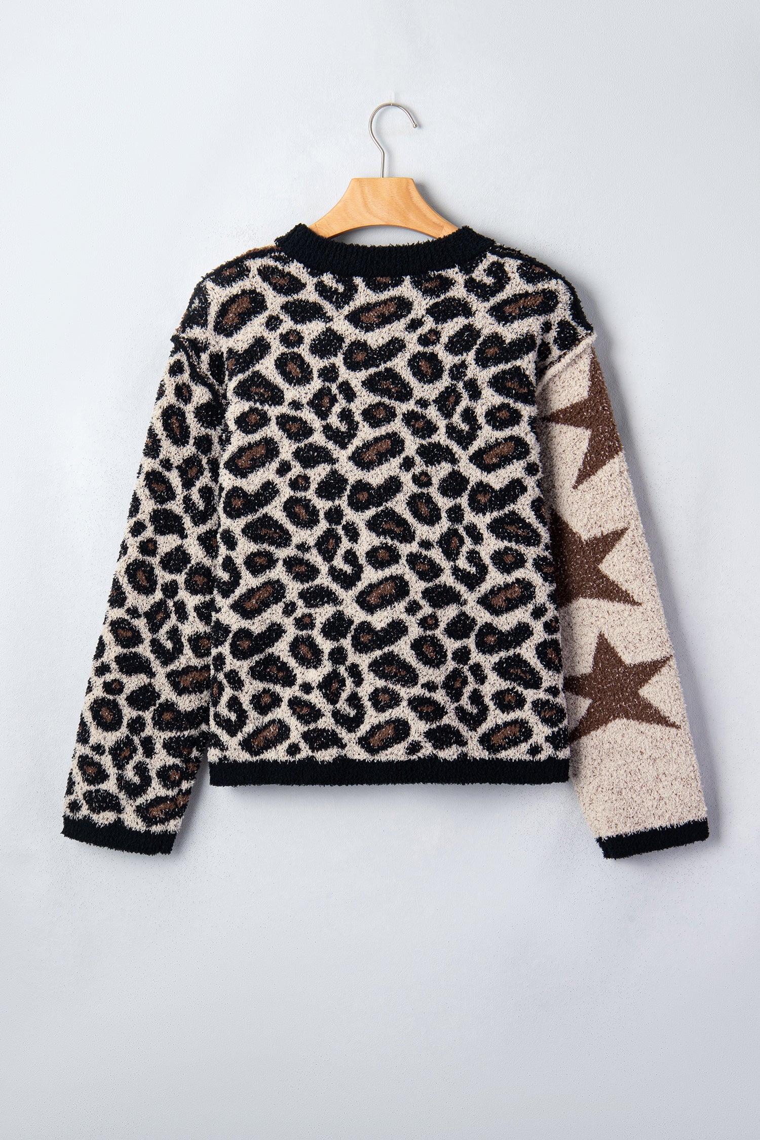 Leopard Star Pattern Round Neck Long Sleeve Shift Sweater – Smoke Gray
