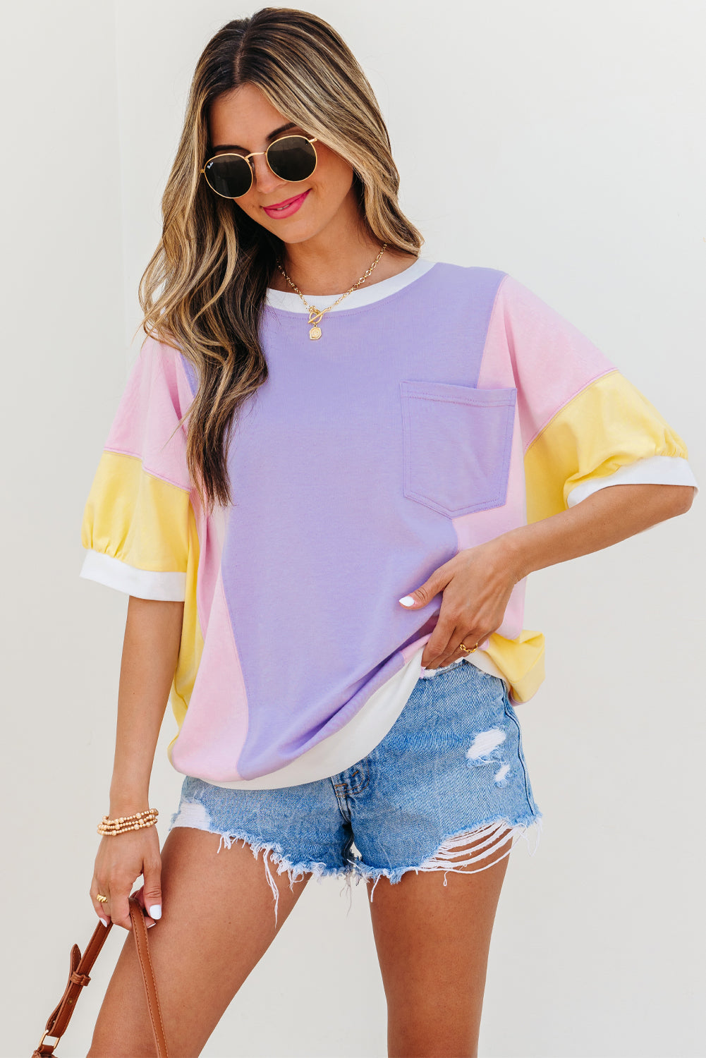 Purple Colour Block Patchwork Half Sleeve Oversized T Shirt eAura