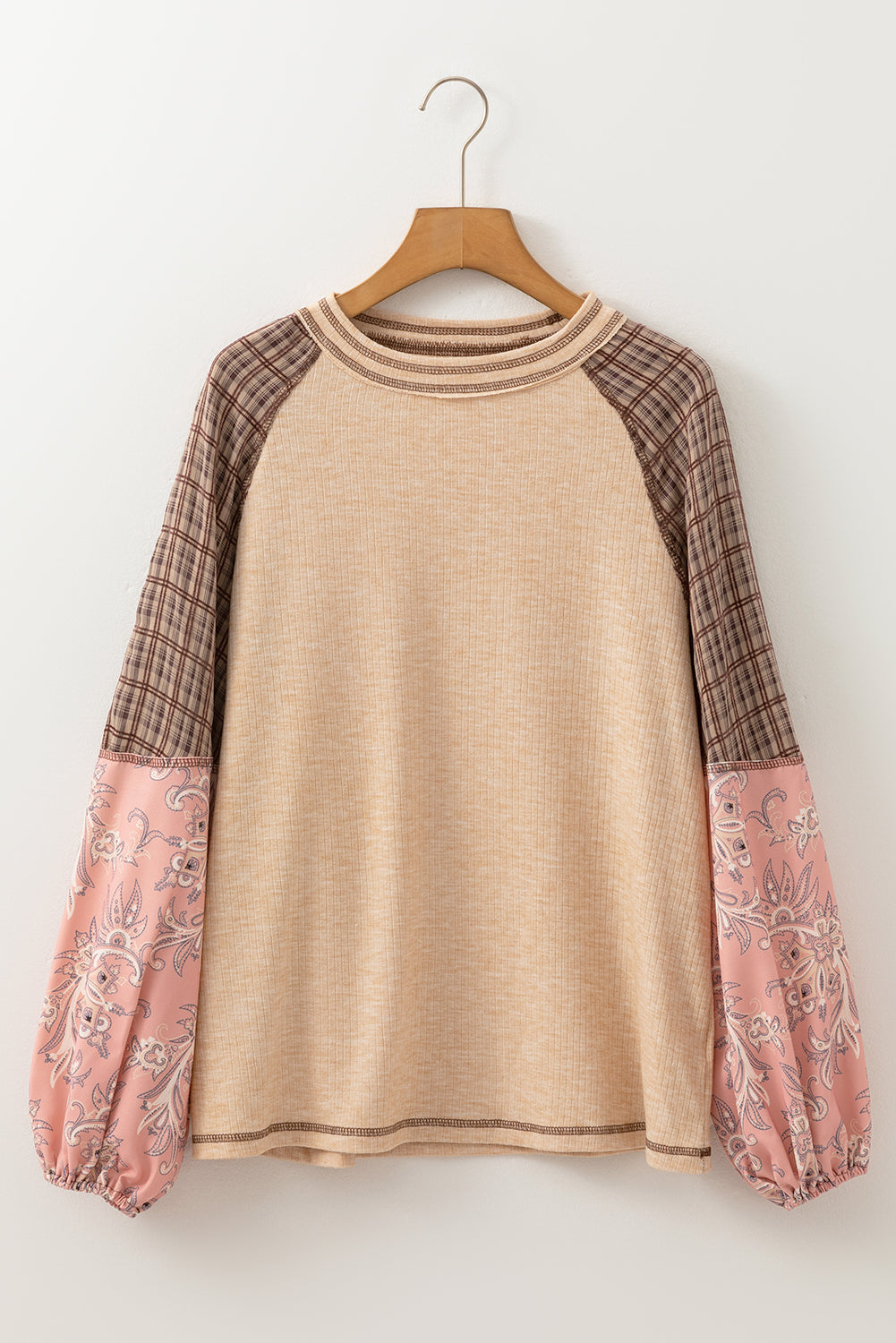 Jet Stream Mixed Print Raglan Sleeve Ribbed Knit Patchwork Blouse BB Fashion Outlet
