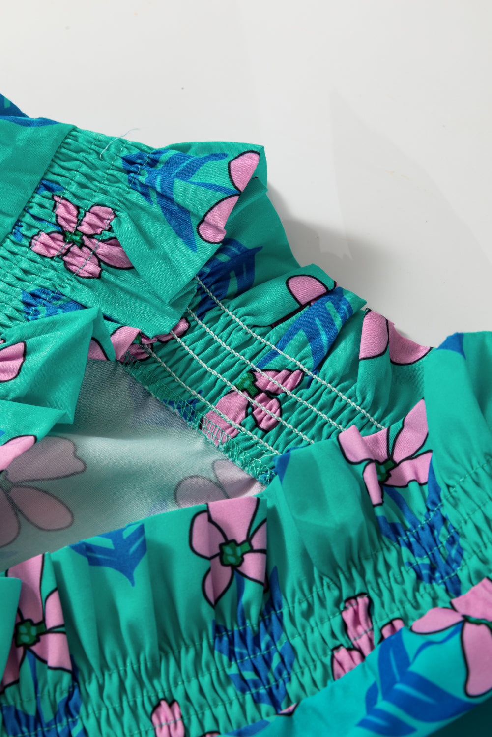 Green Floral Print Frilly Smocked Detail Mini Dress Dear-Lover Dropshipping