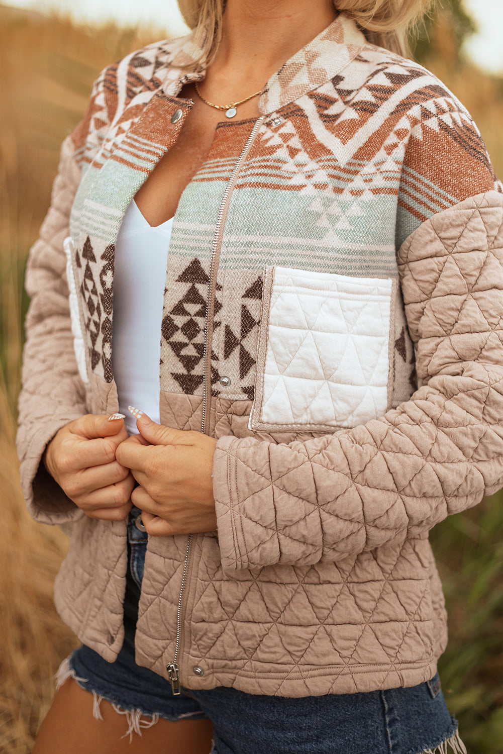 Beige Aztec Quilted Patchwork Western Jacket Dear-Lover Dropshipping