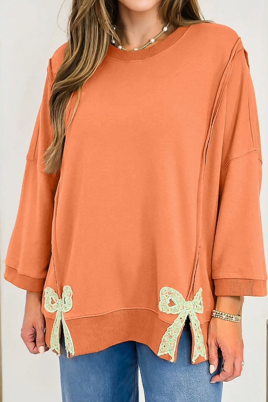 Floral Bow Patched Exposed Seam Oversized Sweatshirt - eAura