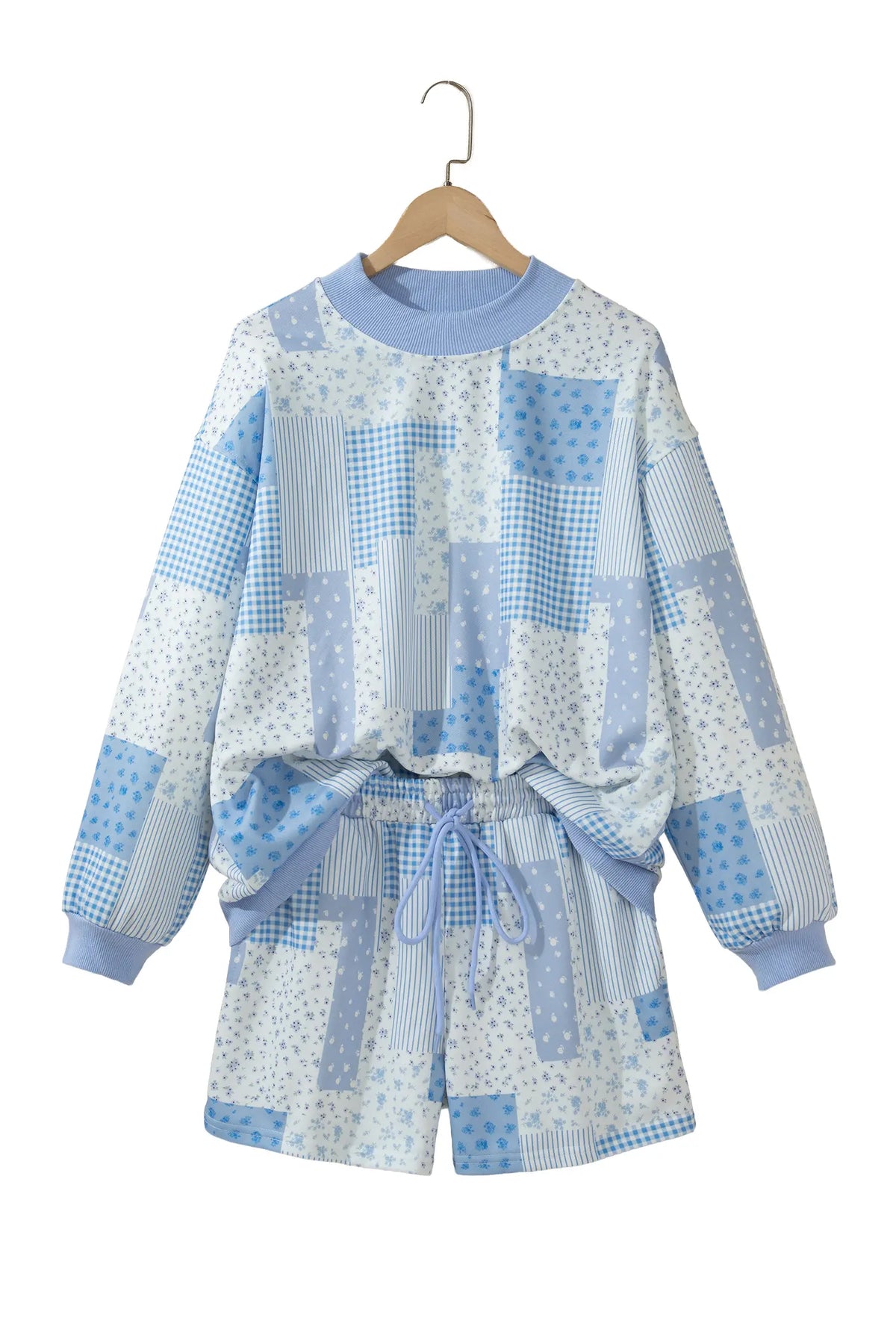 Sky Blue Patchwork Floral Print Drop Shoulder Baggy Pullover Drawstring Shorts Set – Light Blue