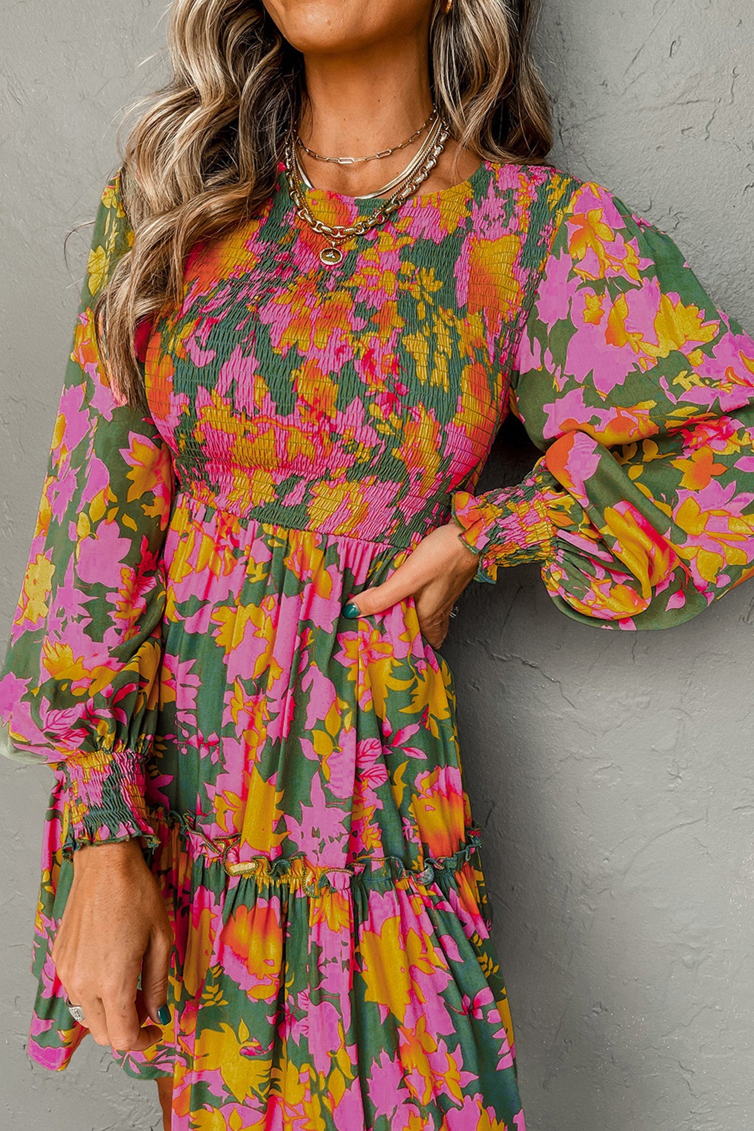 Multicolour Floral Print Long Sleeve Smocked Ruffled Mini Dress - eAura