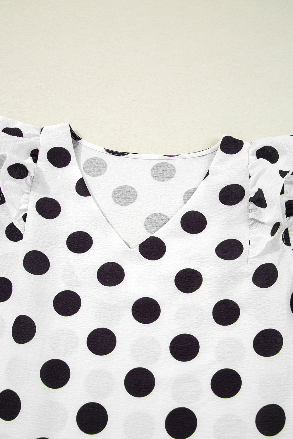 White Polka Dot Print Ruffled Sleeve V Neck Blouse eAura