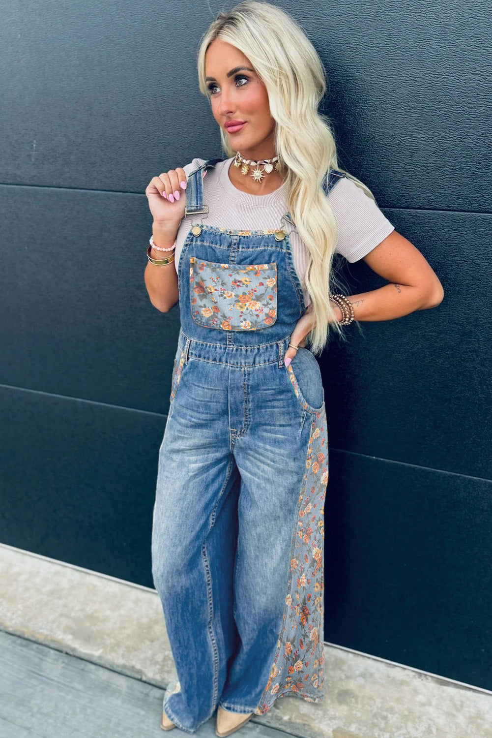 Floral Patchwork Bib Denim Wide Leg Overalls Dungarees